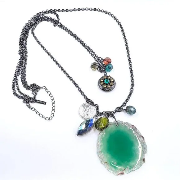 NWOT – Lane Bryant – Green Quartz Beaded Locket Gunmetal Tone 24” Necklace - Picture 1 of 10